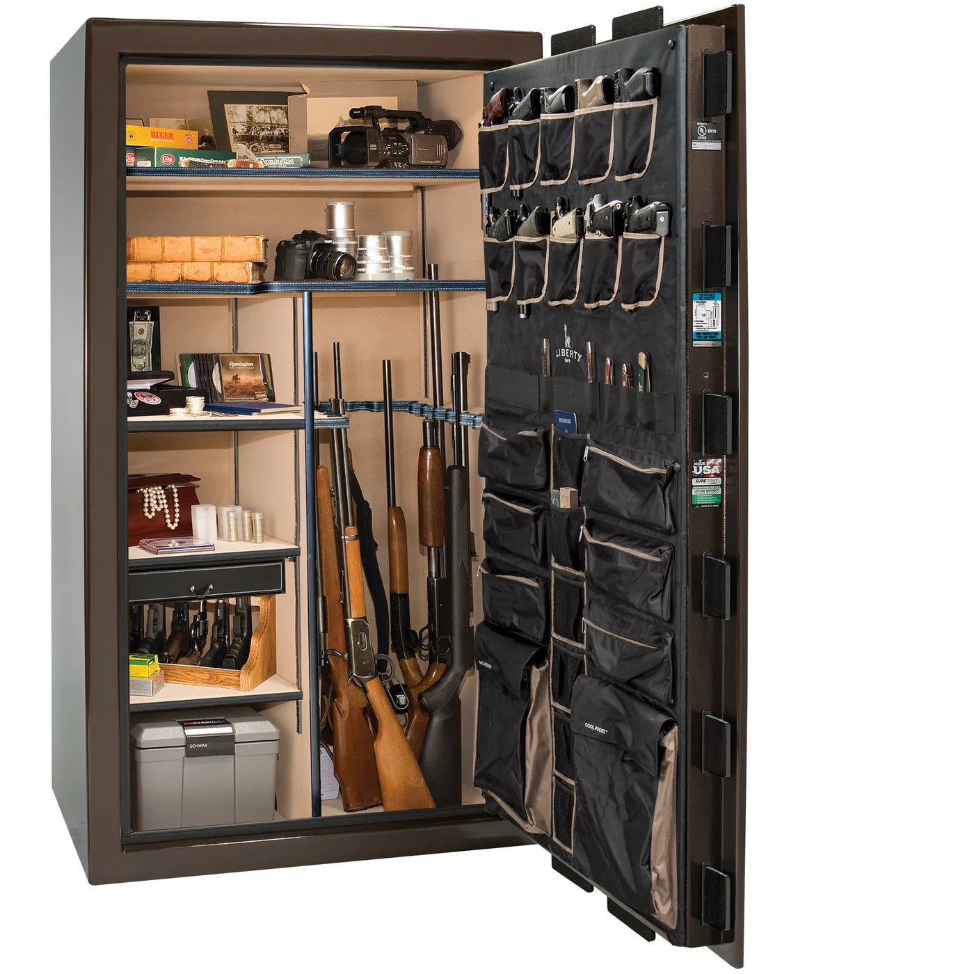 Interior of Liberty Lincoln 50 safe in Bronze Gloss with Black Chrome hardware