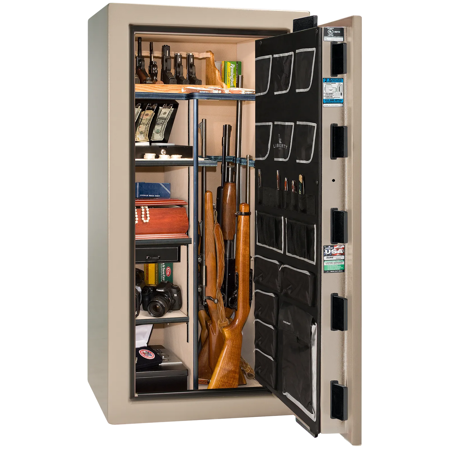 Premium interior of the Liberty Magnum 25 gun safe paired with the Champagne marble finish, featuring adjustable shelving, door organizer, long gun storage, and deluxe interior configuration.