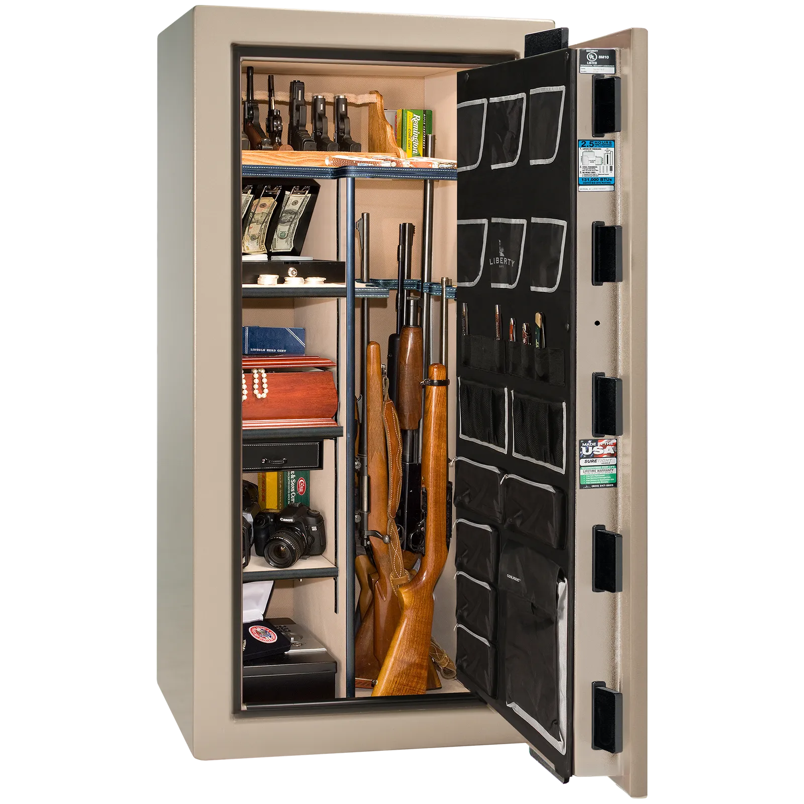 Premium interior of the Liberty Magnum 25 gun safe paired with the Champagne marble finish, featuring adjustable shelving, door organizer, long gun storage, and deluxe interior configuration.