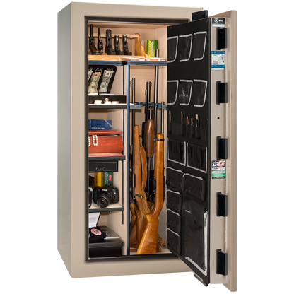 Premium interior of the Liberty Magnum 25 gun safe paired with the Champagne marble finish, featuring adjustable shelving, door organizer, long gun storage, and deluxe interior configuration.