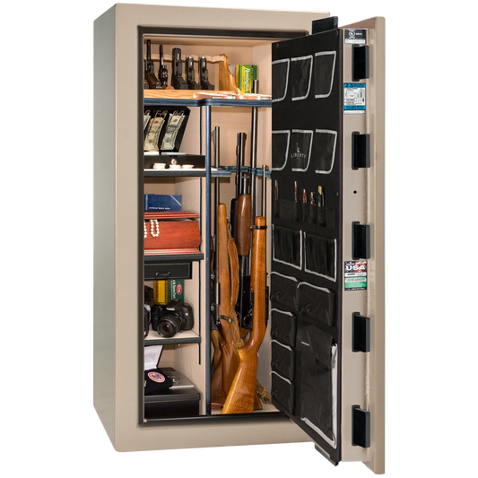 Premium interior of the Liberty Magnum 25 gun safe paired with the Champagne marble finish, featuring adjustable shelving, door organizer, long gun storage, and deluxe interior configuration.