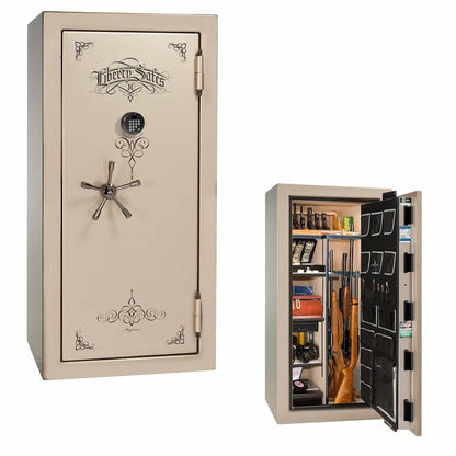 Liberty Magnum 25 gun safe in Champagne marble finish with black chrome hardware and premium interior.