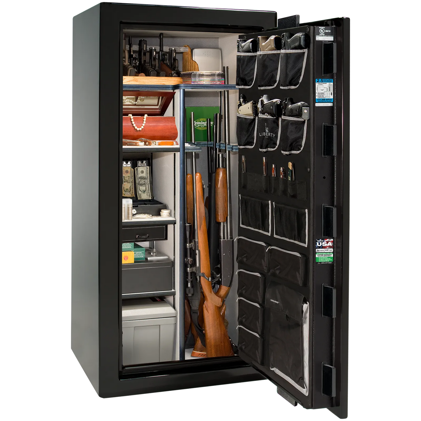 Premium interior of the Liberty Magnum 25 gun safe paired with the Black Mirror gloss finish, featuring adjustable shelving, door organizer, long gun storage, and deluxe interior configuration.