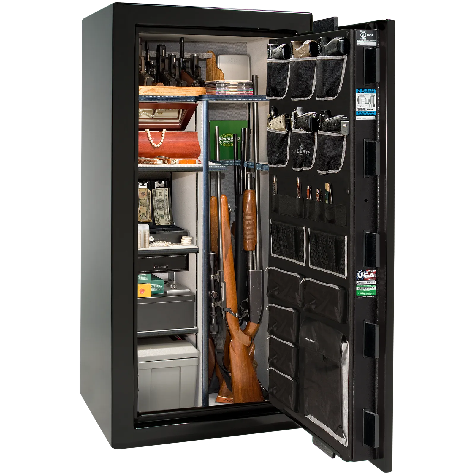 Premium interior of the Liberty Magnum 25 gun safe paired with the Black Mirror gloss finish, featuring adjustable shelving, door organizer, long gun storage, and deluxe interior configuration.