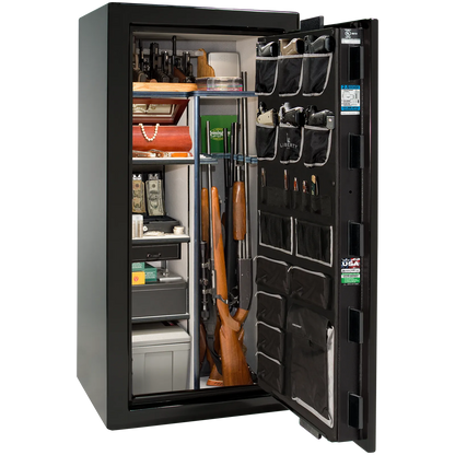 Premium interior of the Liberty Magnum 25 gun safe paired with the Black Mirror gloss finish, featuring adjustable shelving, door organizer, long gun storage, and deluxe interior configuration.