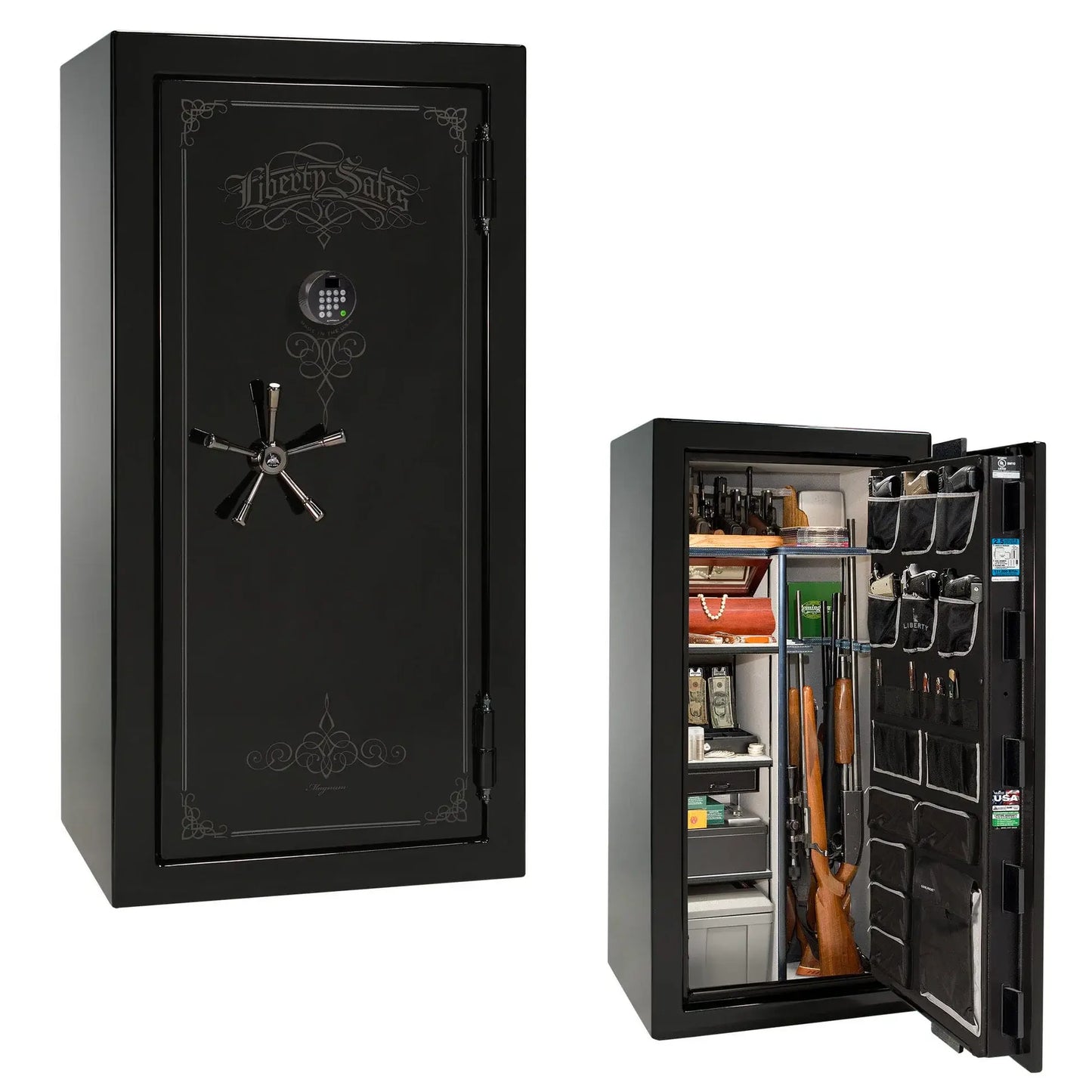 Liberty Magnum 25 gun safe in Black Mirror gloss finish with black chrome hardware and premium interior.