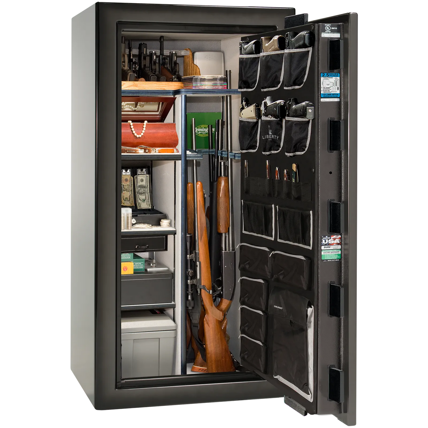 Premium interior of the Liberty Magnum 25 gun safe paired with the Gray Charcoal feathered edge finish, featuring adjustable shelving, door organizer, long gun storage, and deluxe interior configuration.