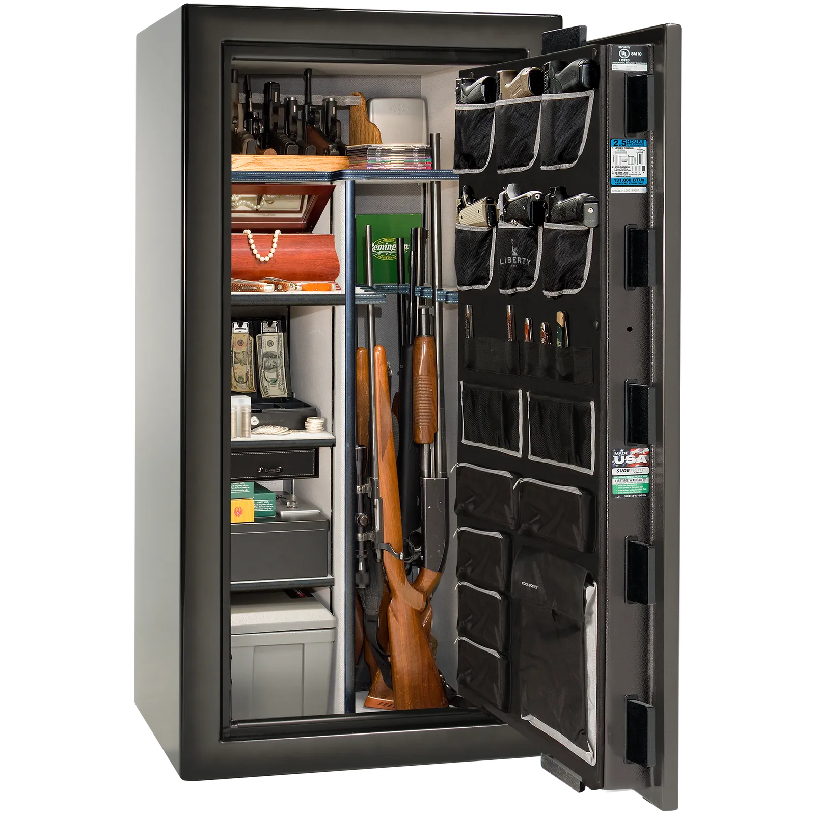 Premium interior of the Liberty Magnum 25 gun safe paired with the Gray Charcoal feathered edge finish, featuring adjustable shelving, door organizer, long gun storage, and deluxe interior configuration.