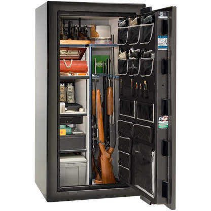 Premium interior of the Liberty Magnum 25 gun safe paired with the Gray Charcoal feathered edge finish, featuring adjustable shelving, door organizer, long gun storage, and deluxe interior configuration.