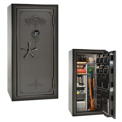 Liberty Magnum 25 gun safe in Gray Charcoal feathered edge finish with black chrome hardware and premium interior.