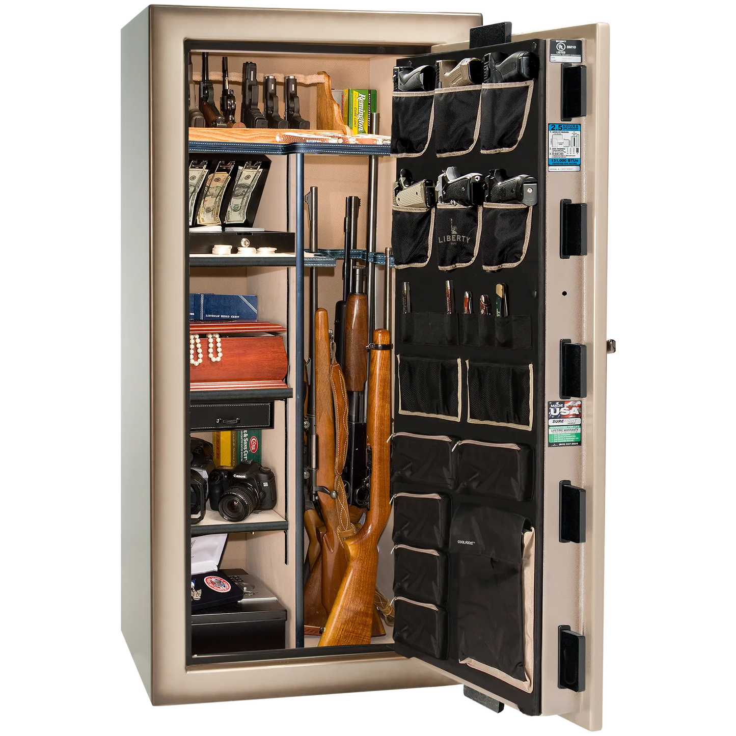 Premium interior of the Liberty Magnum 25 gun safe paired with the Champagne feathered edge finish, featuring adjustable shelving, door organizer, long gun storage, and deluxe interior configuration.