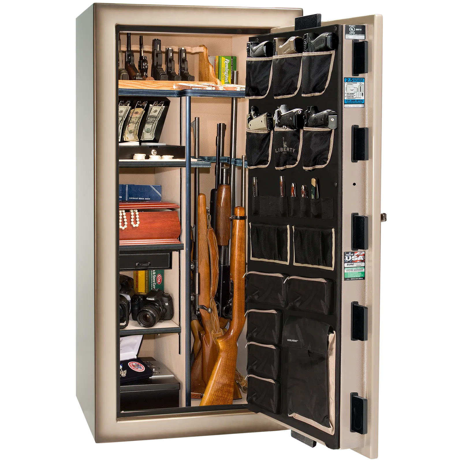 Premium interior of the Liberty Magnum 25 gun safe paired with the Champagne feathered edge finish, featuring adjustable shelving, door organizer, long gun storage, and deluxe interior configuration.