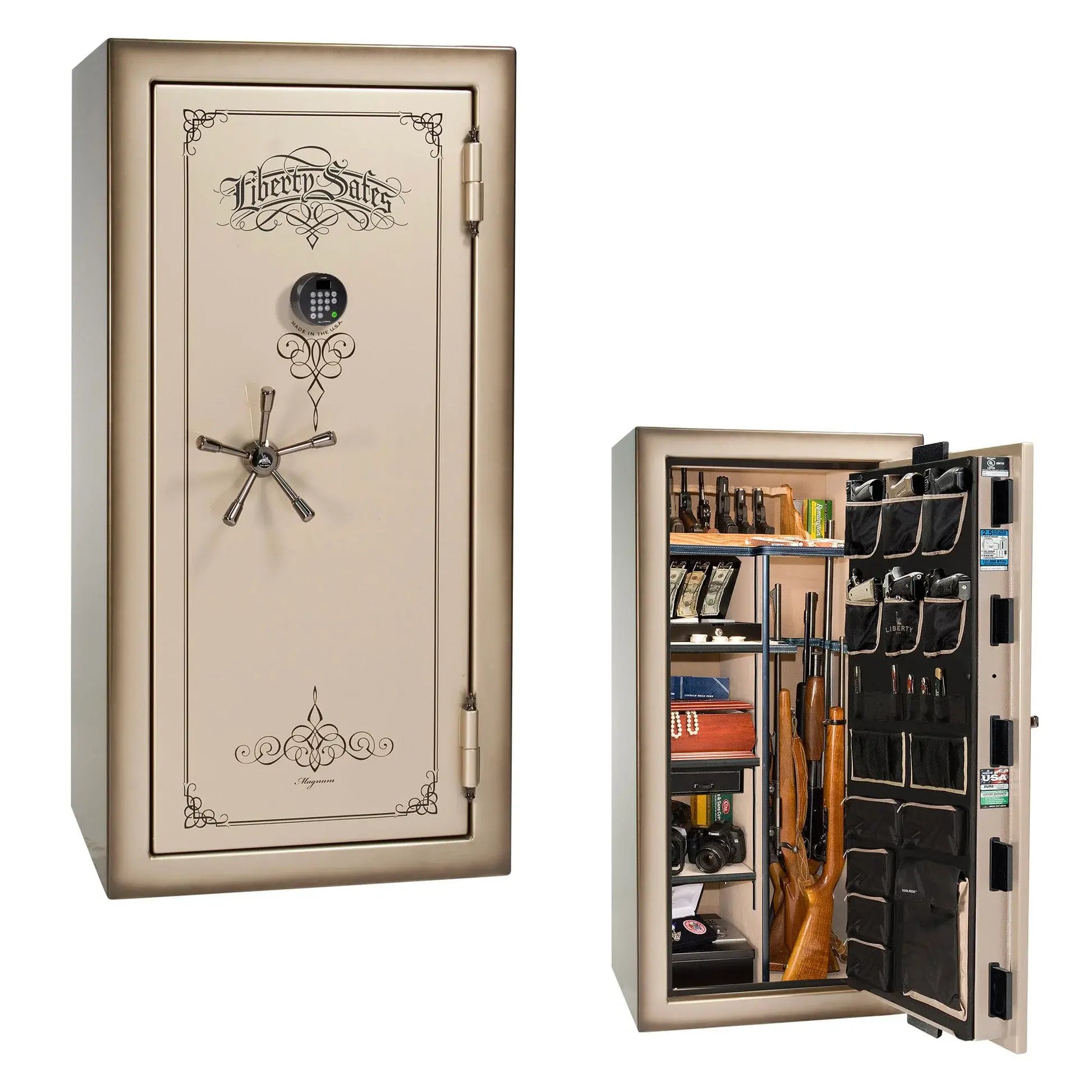Liberty Magnum 25 gun safe in Champagne feathered edge finish with black chrome hardware and premium interior.