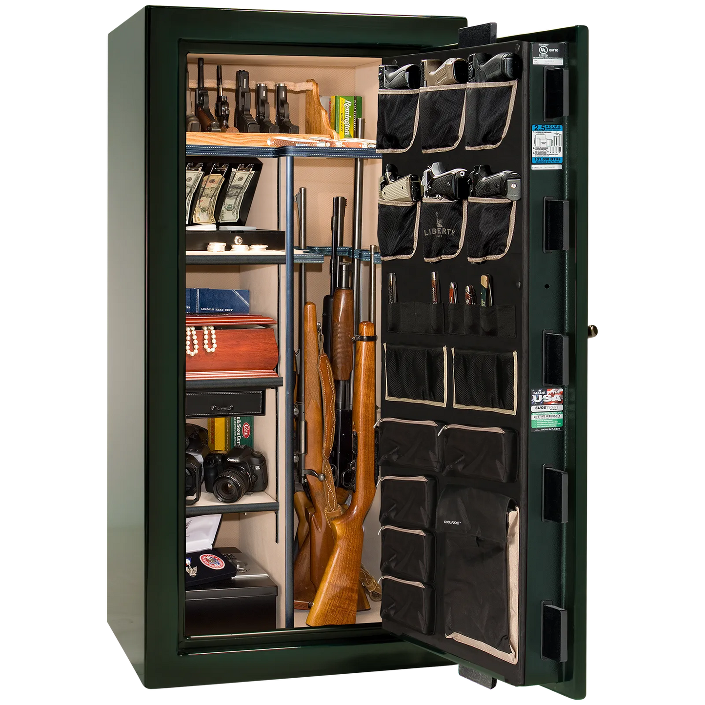 Premium interior of the Liberty Magnum 25 gun safe paired with the Emerald Green feathered edge finish, featuring adjustable shelving, door organizer, long gun storage, and deluxe interior configuration.