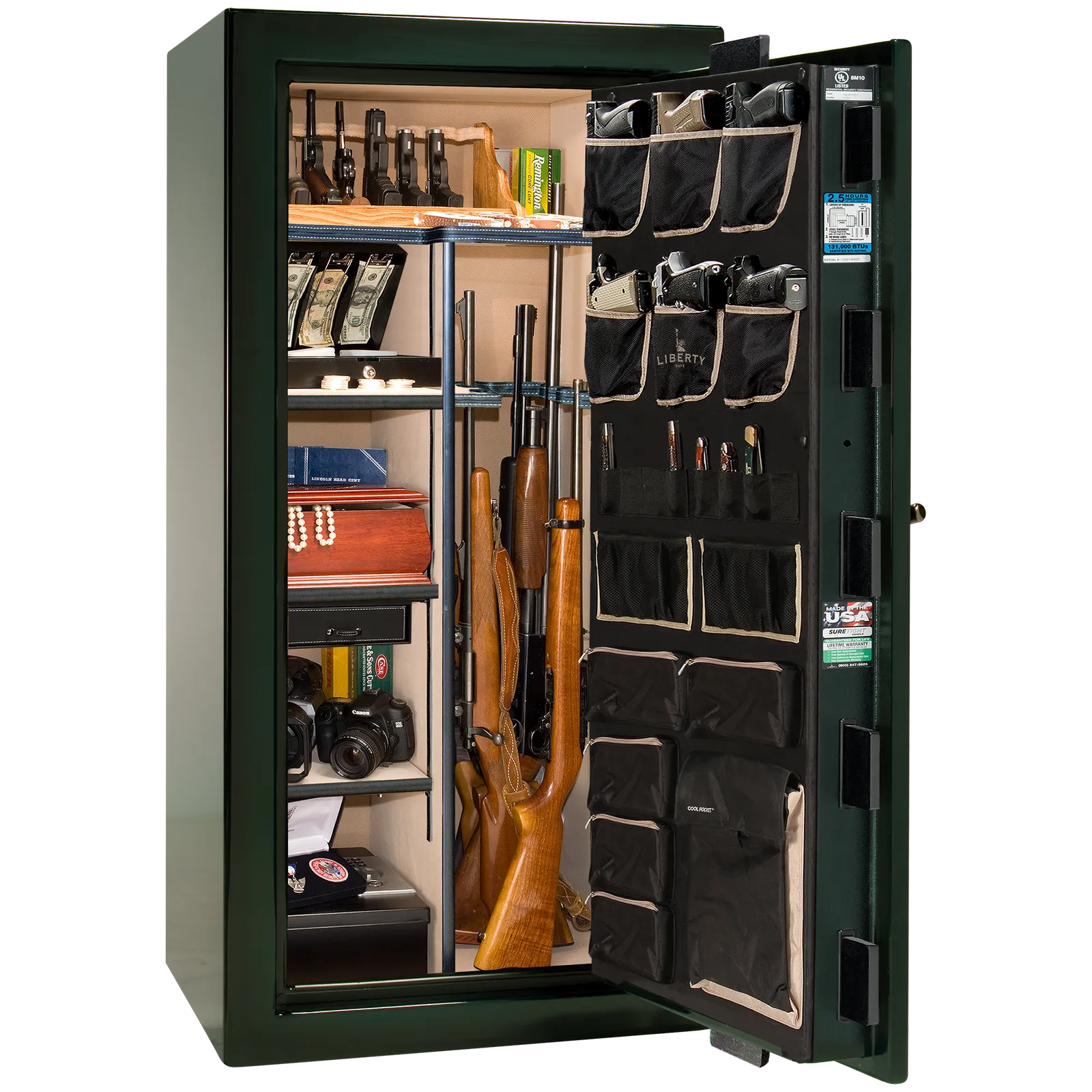 Premium interior of the Liberty Magnum 25 gun safe paired with the Emerald Green feathered edge finish, featuring adjustable shelving, door organizer, long gun storage, and deluxe interior configuration.