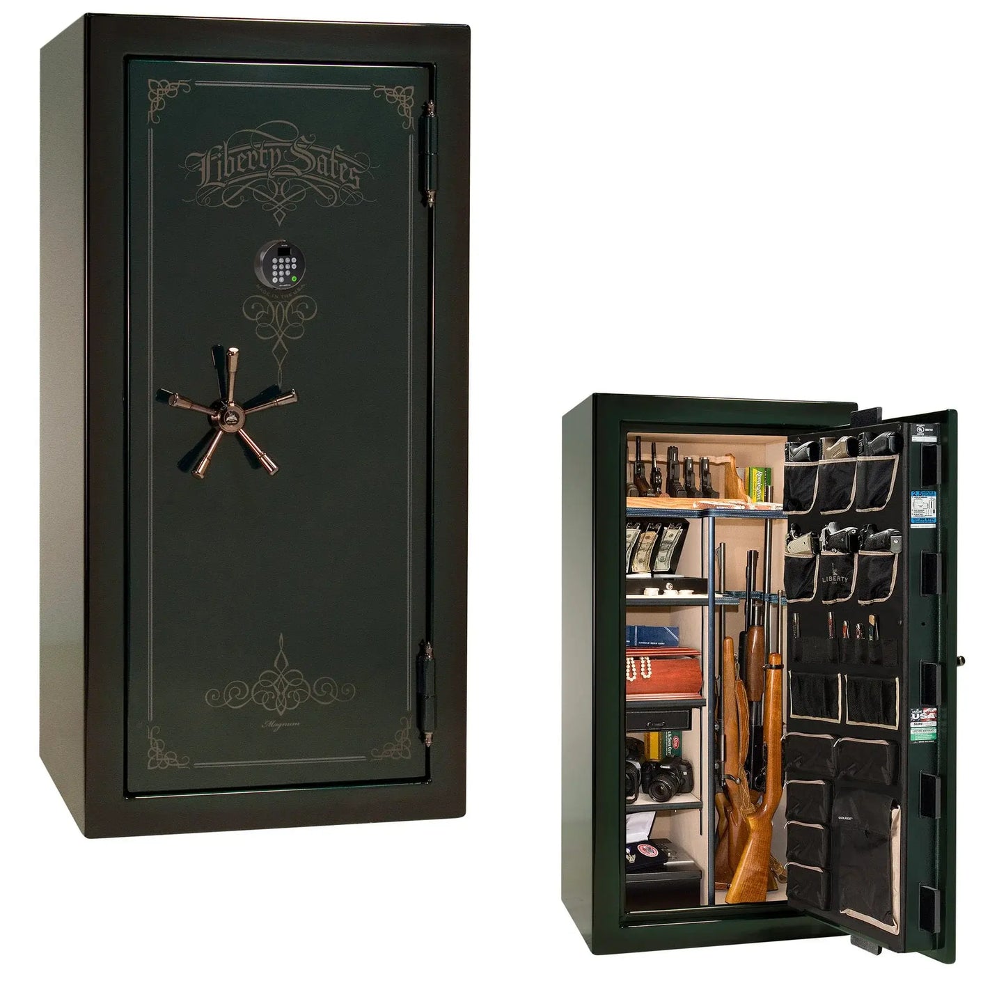 Liberty Magnum 25 gun safe in Emerald Green feathered edge finish with black chrome hardware and premium interior.