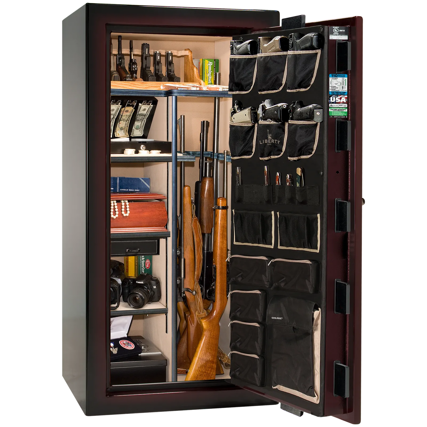 Premium interior of the Liberty Magnum 25 gun safe paired with the Burgundy Metallic feathered edge finish, featuring adjustable shelving, door organizer, long gun storage, and deluxe interior configuration.