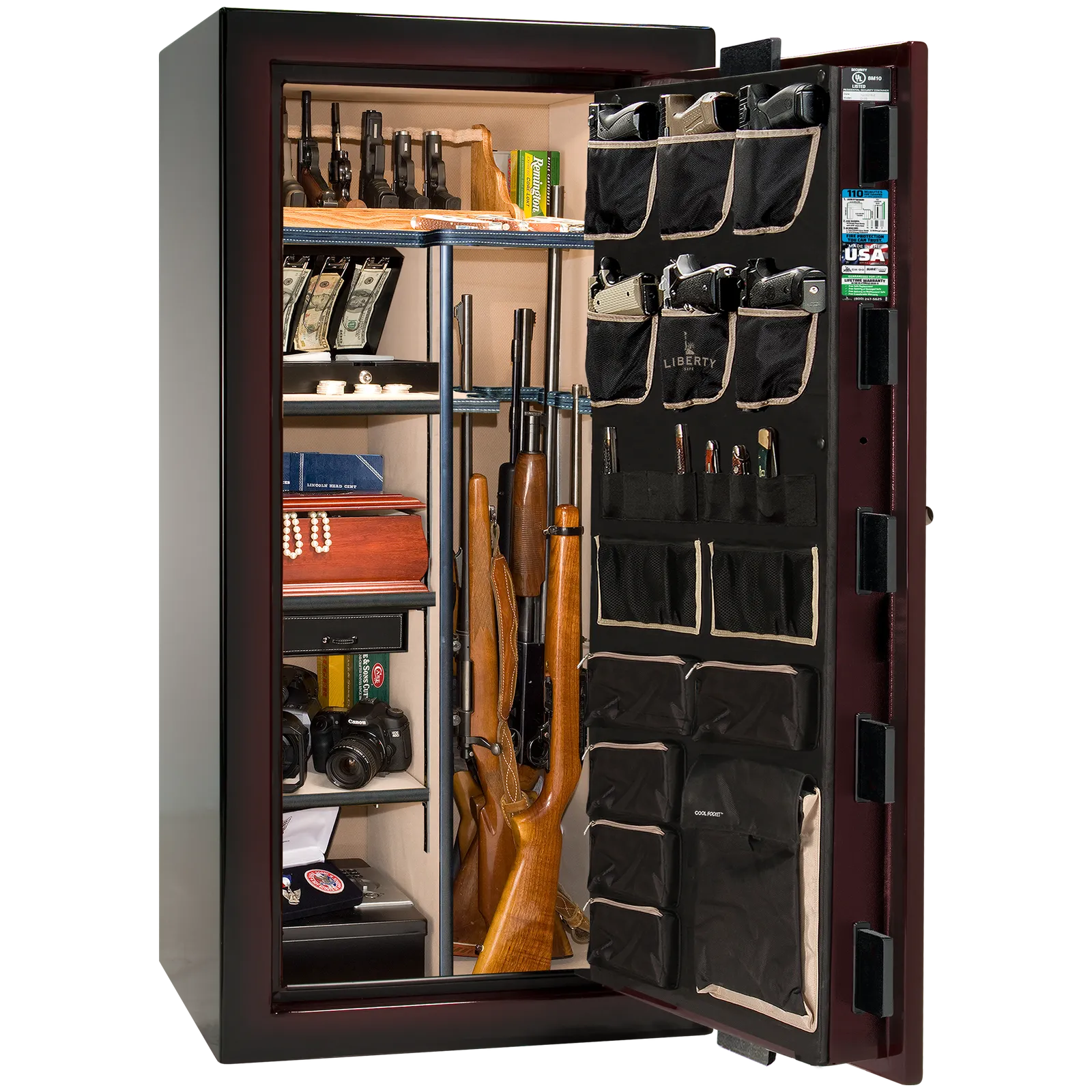 Premium interior of the Liberty Magnum 25 gun safe paired with the Burgundy Metallic feathered edge finish, featuring adjustable shelving, door organizer, long gun storage, and deluxe interior configuration.
