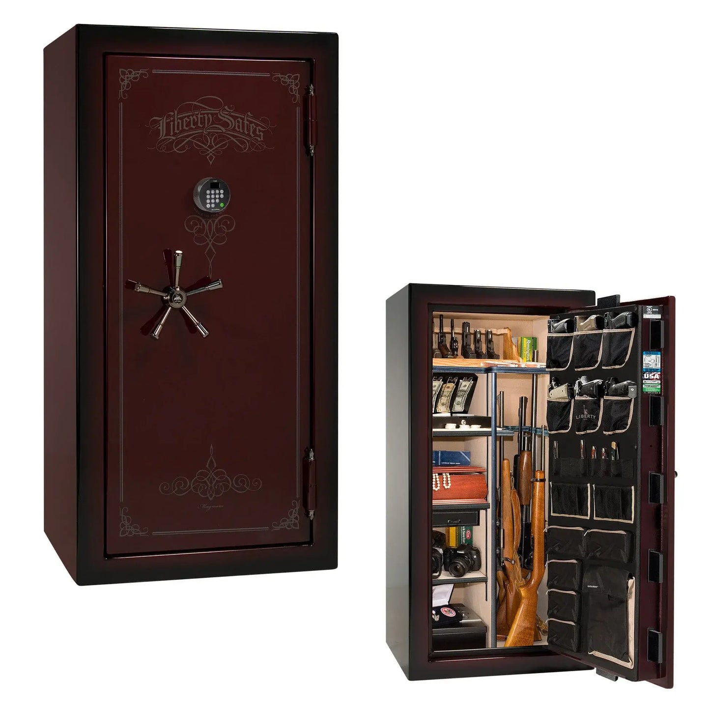 Liberty Magnum 25 gun safe in Burgundy Metallic feathered edge finish with black chrome hardware and premium interior.