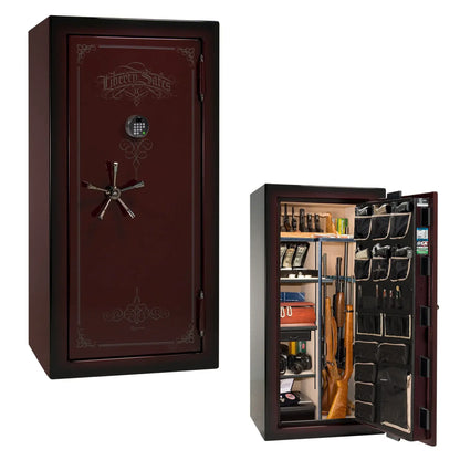 Liberty Magnum 25 gun safe in Burgundy Metallic feathered edge finish with black chrome hardware and premium interior.