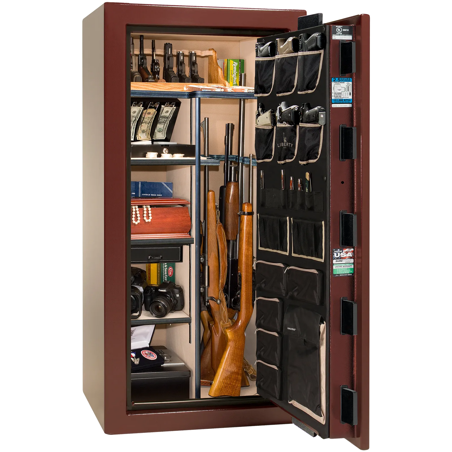 Premium interior of the Liberty Magnum 25 gun safe paired with the Burgundy marble finish, featuring adjustable shelving, door organizer, long gun storage, and deluxe interior configuration.