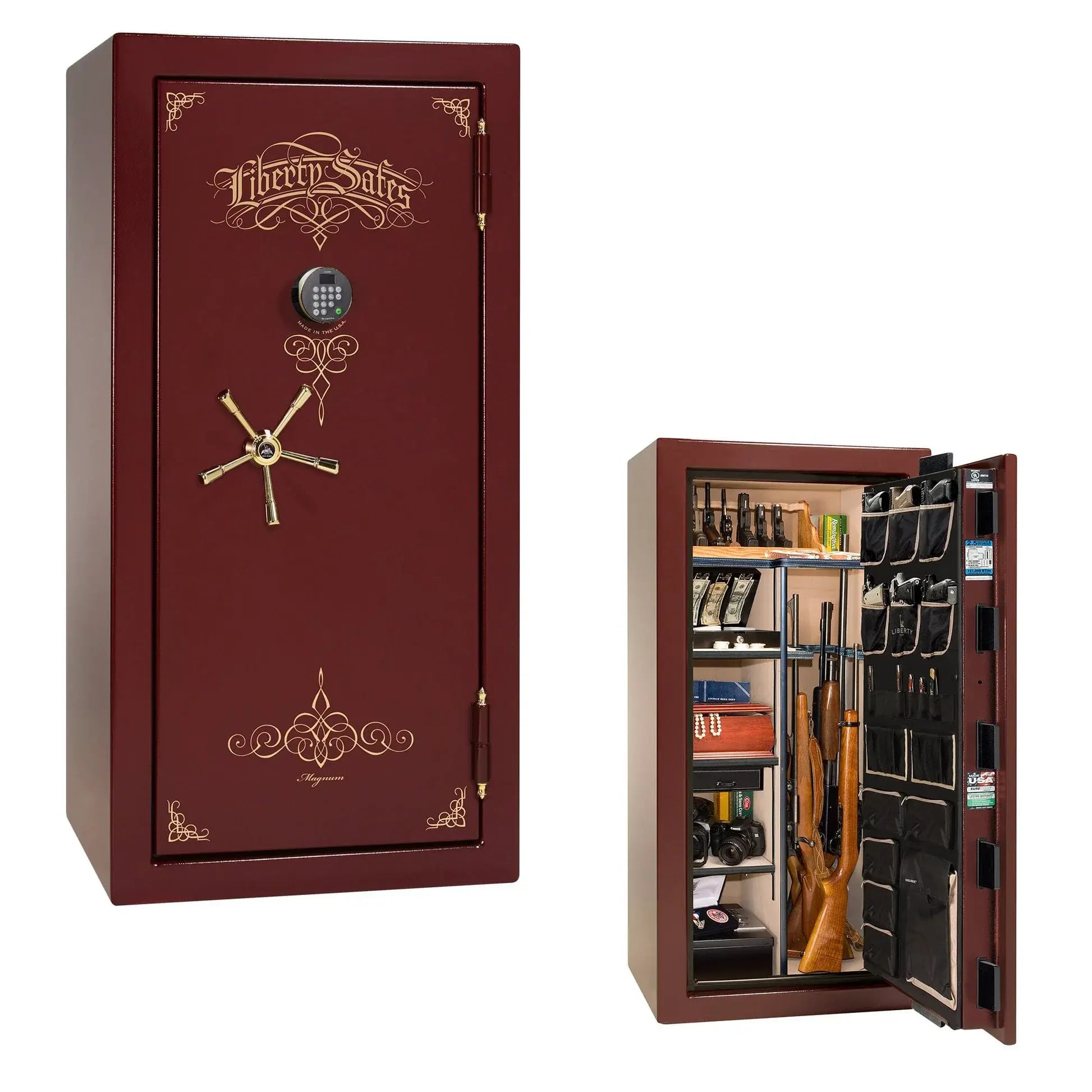 Liberty Magnum 25 gun safe in Burgundy marble finish with brass hardware and premium interior.