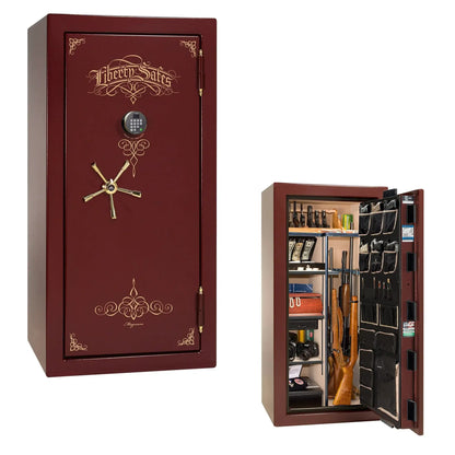 Liberty Magnum 25 gun safe in Burgundy marble finish with brass hardware and premium interior.