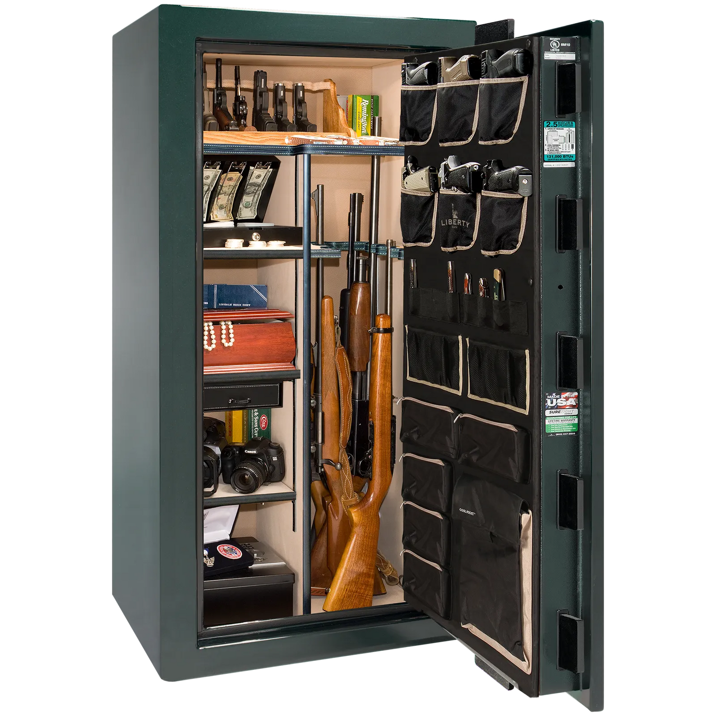Premium interior of the Liberty Magnum 25 gun safe paired with the Emerald Green gloss finish, featuring adjustable shelving, door organizer, long gun storage, and deluxe interior configuration.