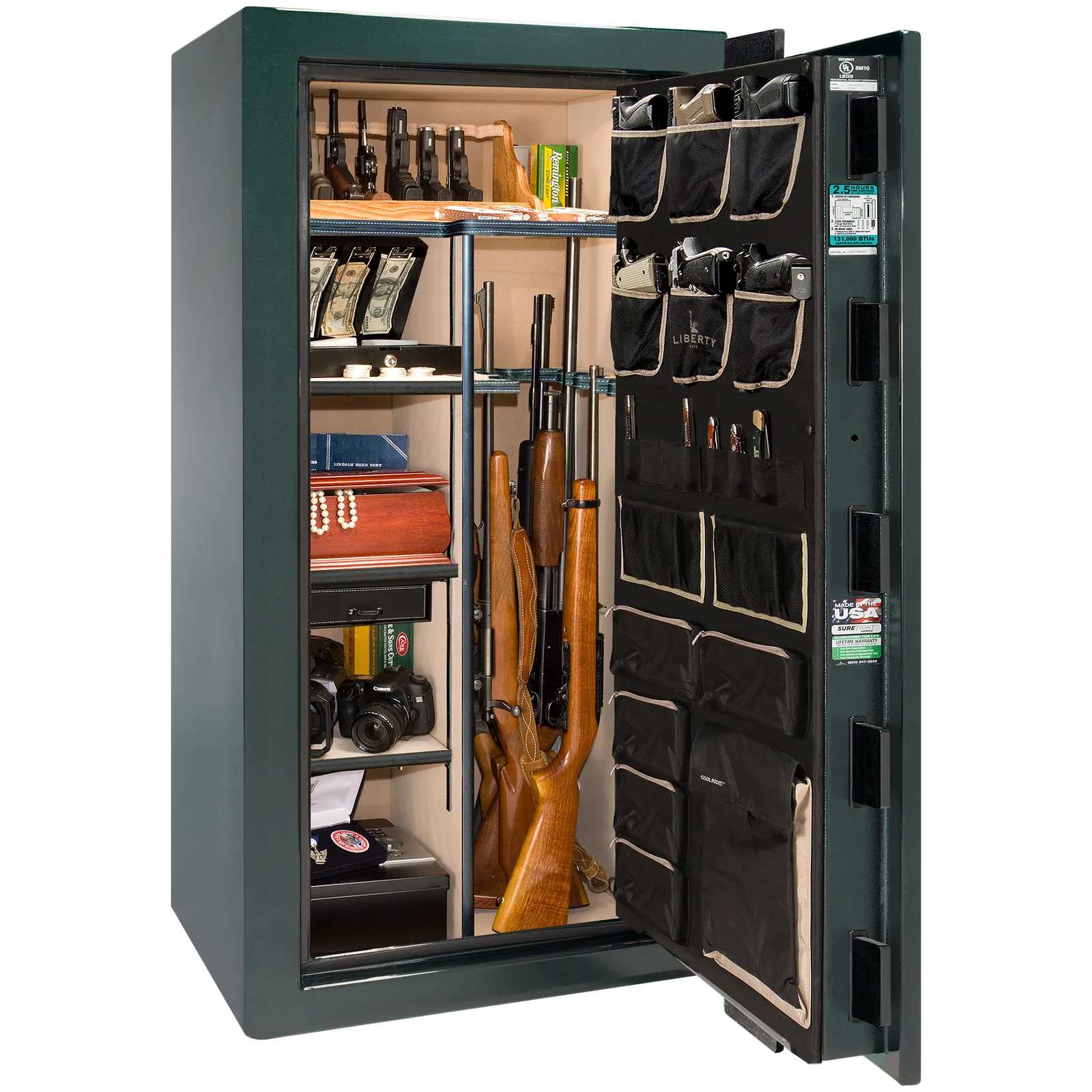 Premium interior of the Liberty Magnum 25 gun safe paired with the Emerald Green gloss finish, featuring adjustable shelving, door organizer, long gun storage, and deluxe interior configuration.