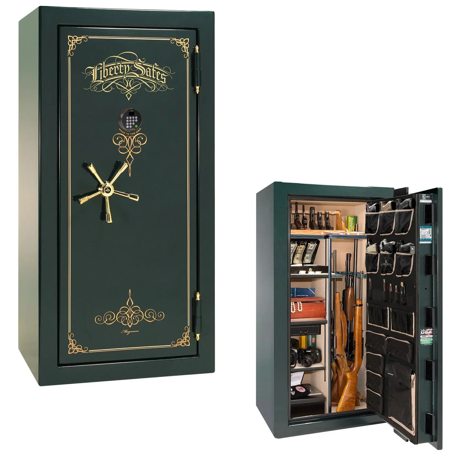 Liberty Magnum 25 gun safe in Emerald Green gloss finish with brass hardware and premium interior.