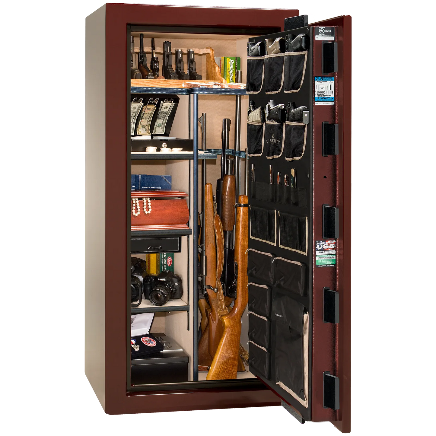 Premium interior of the Liberty Magnum 25 gun safe paired with the Burgundy gloss finish, featuring adjustable shelving, door organizer, long gun storage, and deluxe interior configuration.