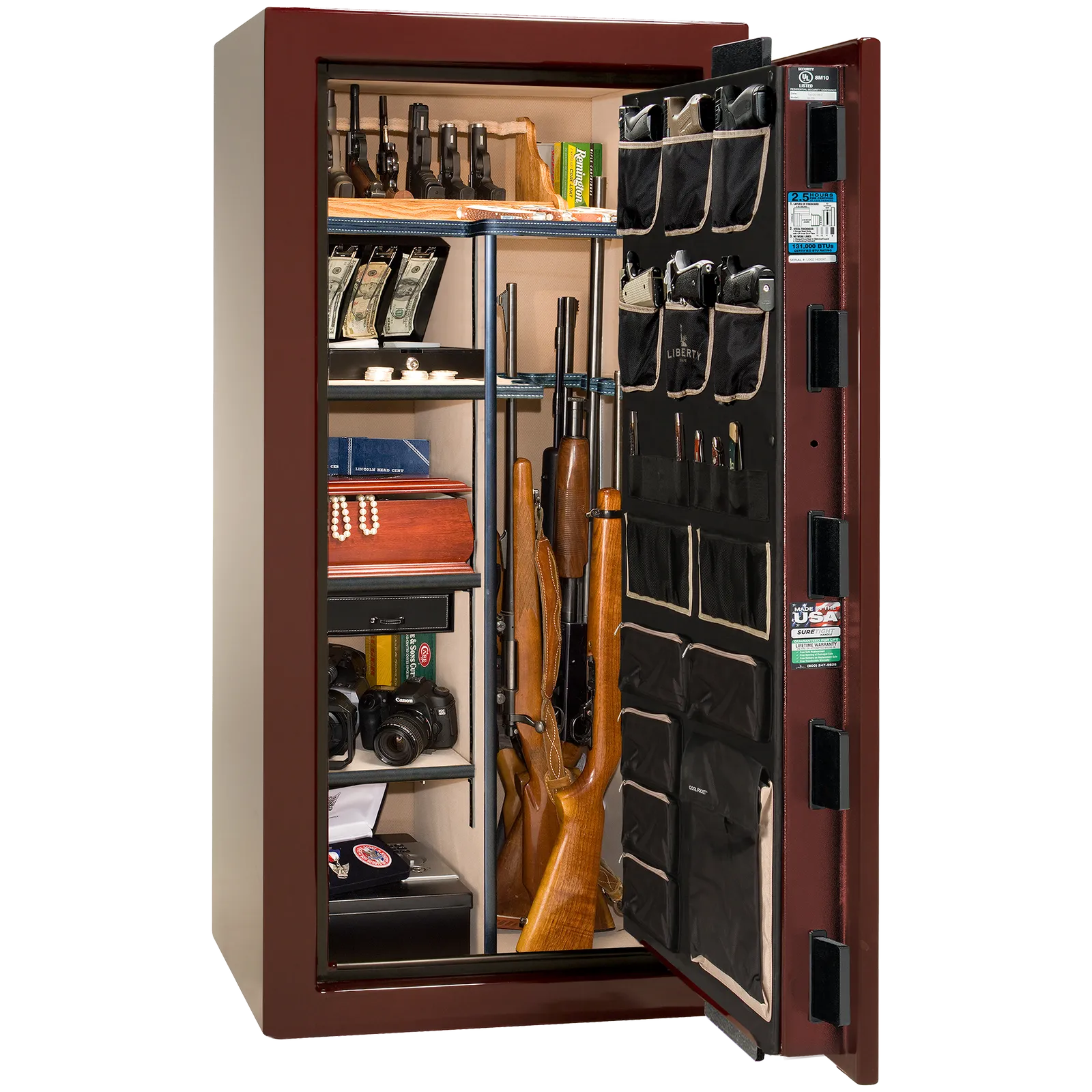 Premium interior of the Liberty Magnum 25 gun safe paired with the Burgundy gloss finish, featuring adjustable shelving, door organizer, long gun storage, and deluxe interior configuration.