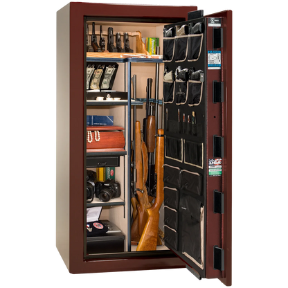Premium interior of the Liberty Magnum 25 gun safe paired with the Burgundy gloss finish, featuring adjustable shelving, door organizer, long gun storage, and deluxe interior configuration.