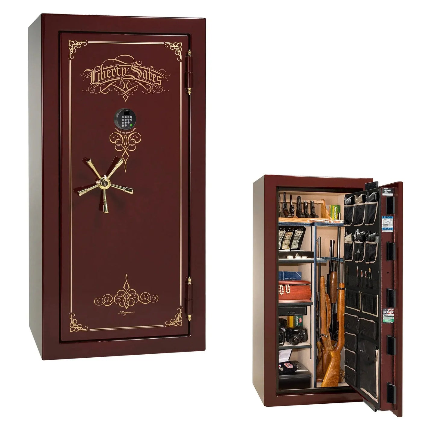 Liberty Magnum 25 gun safe in Burgundy gloss finish with brass hardware and premium interior.