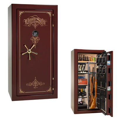 Liberty Magnum 25 gun safe in Burgundy gloss finish with brass hardware and premium interior.