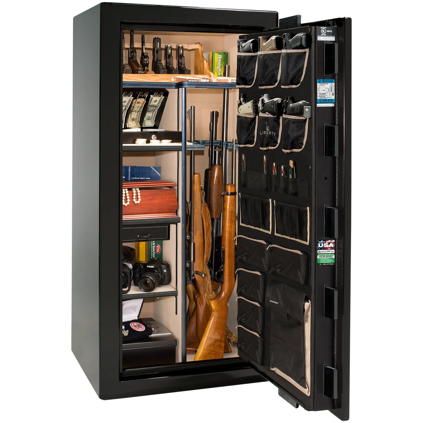 Premium interior of the Liberty Magnum 25 gun safe paired with the Black Mirror gloss finish, featuring adjustable shelving, door organizer, long gun storage, and deluxe interior configuration.