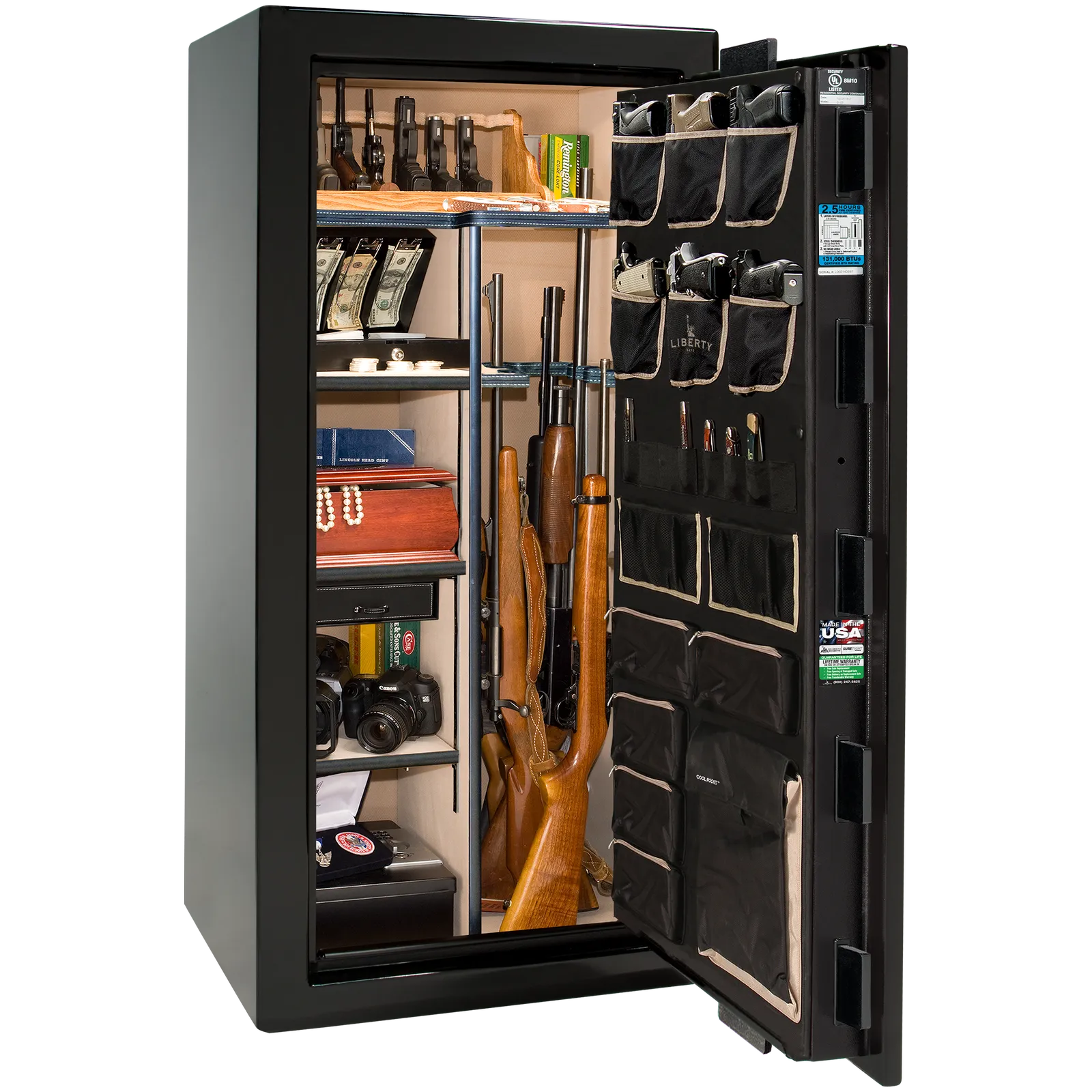 Premium interior of the Liberty Magnum 25 gun safe paired with the Black Mirror gloss finish, featuring adjustable shelving, door organizer, long gun storage, and deluxe interior configuration.