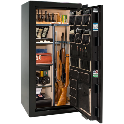 Premium interior of the Liberty Magnum 25 gun safe paired with the Black Mirror gloss finish, featuring adjustable shelving, door organizer, long gun storage, and deluxe interior configuration.