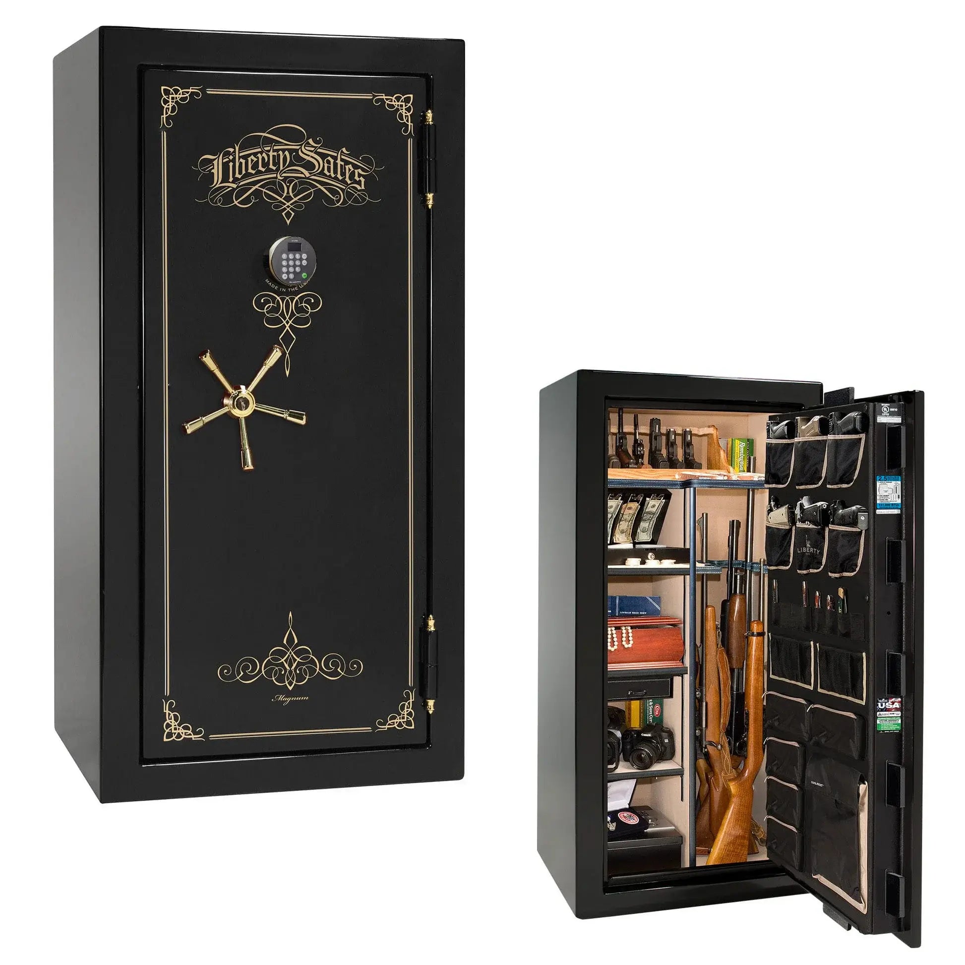 Liberty Magnum 25 gun safe in Black Mirror gloss finish with brass hardware and premium interior.