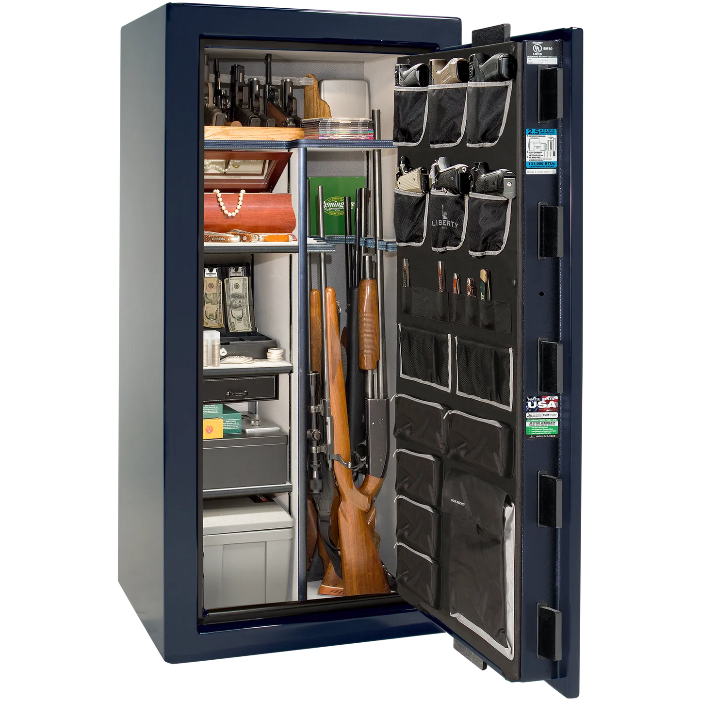 Premium interior of the Liberty Magnum 25 gun safe paired with the Blue gloss finish, featuring adjustable shelving, door organizer, long gun storage, and deluxe interior configuration.