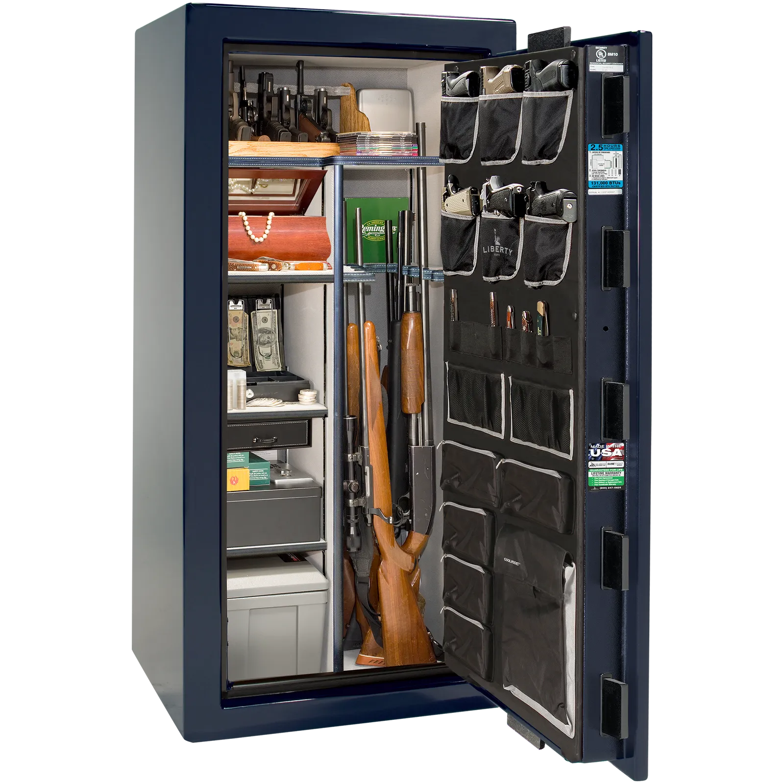 Premium interior of the Liberty Magnum 25 gun safe paired with the Blue gloss finish, featuring adjustable shelving, door organizer, long gun storage, and deluxe interior configuration.