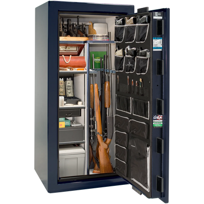 Premium interior of the Liberty Magnum 25 gun safe paired with the Blue gloss finish, featuring adjustable shelving, door organizer, long gun storage, and deluxe interior configuration.