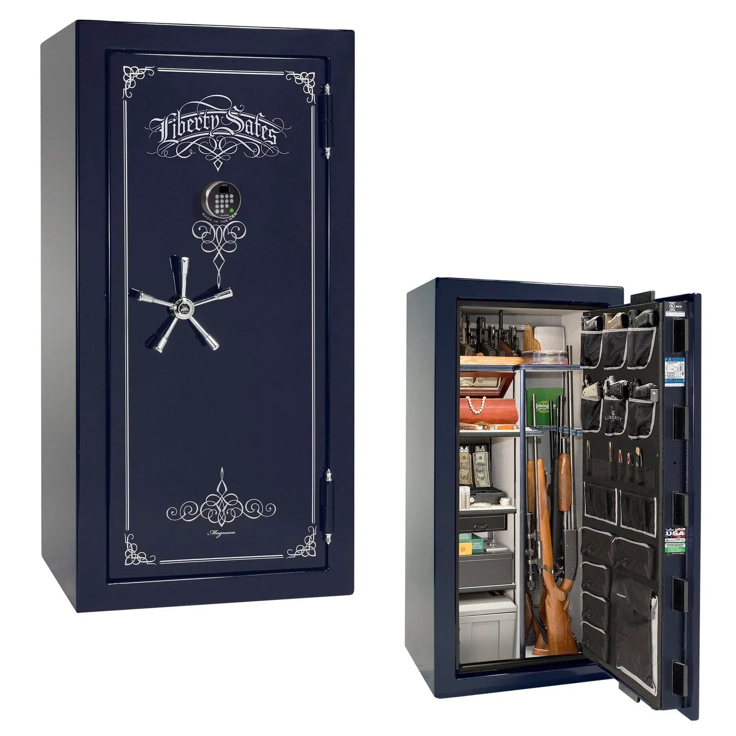 Liberty Magnum 25 gun safe in Blue gloss finish with chrome hardware and premium interior.