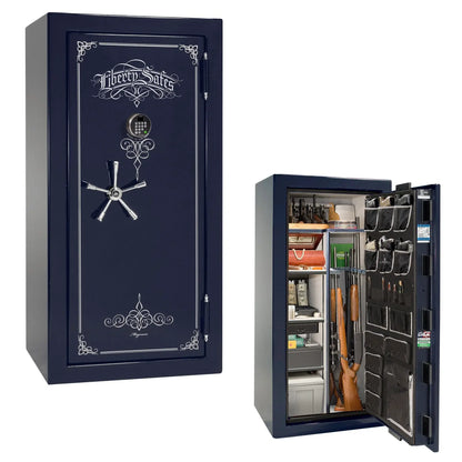 Liberty Magnum 25 gun safe in Blue gloss finish with chrome hardware and premium interior.