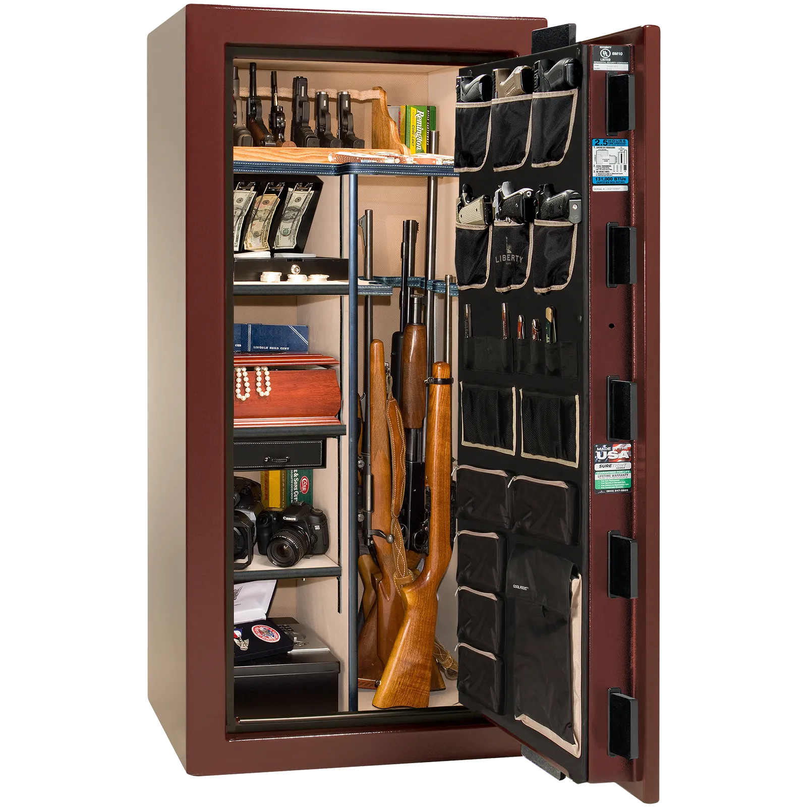 Premium interior of the Liberty Magnum 25 gun safe paired with the Burgundy marble finish, featuring adjustable shelving, door organizer, long gun storage, and deluxe interior configuration.