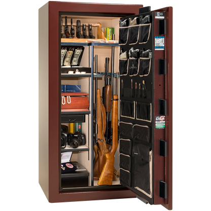 Premium interior of the Liberty Magnum 25 gun safe paired with the Burgundy marble finish, featuring adjustable shelving, door organizer, long gun storage, and deluxe interior configuration.