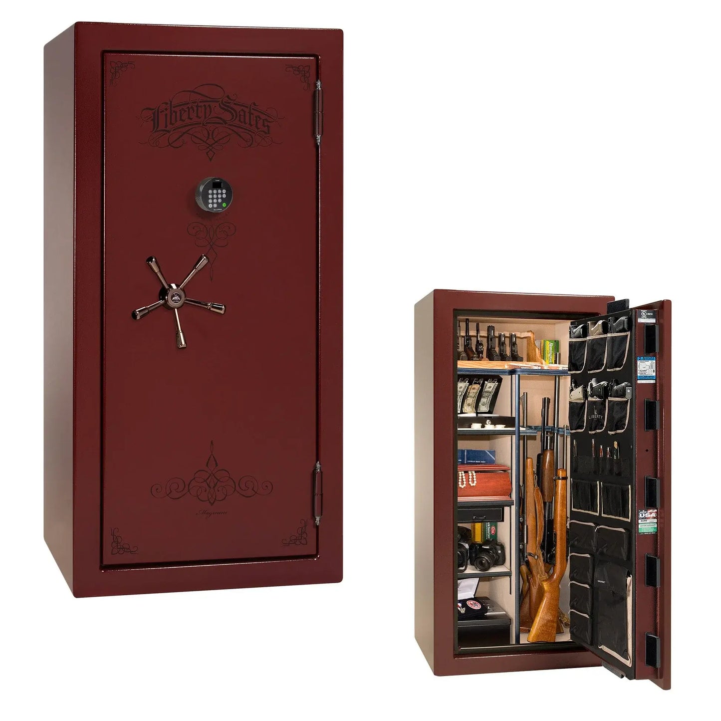 Liberty Magnum 25 gun safe in Burgundy marble finish with black chrome hardware and premium interior.