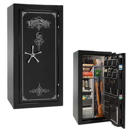 Liberty Magnum 25 gun safe in Black Mirror gloss finish with chrome hardware and premium interior.