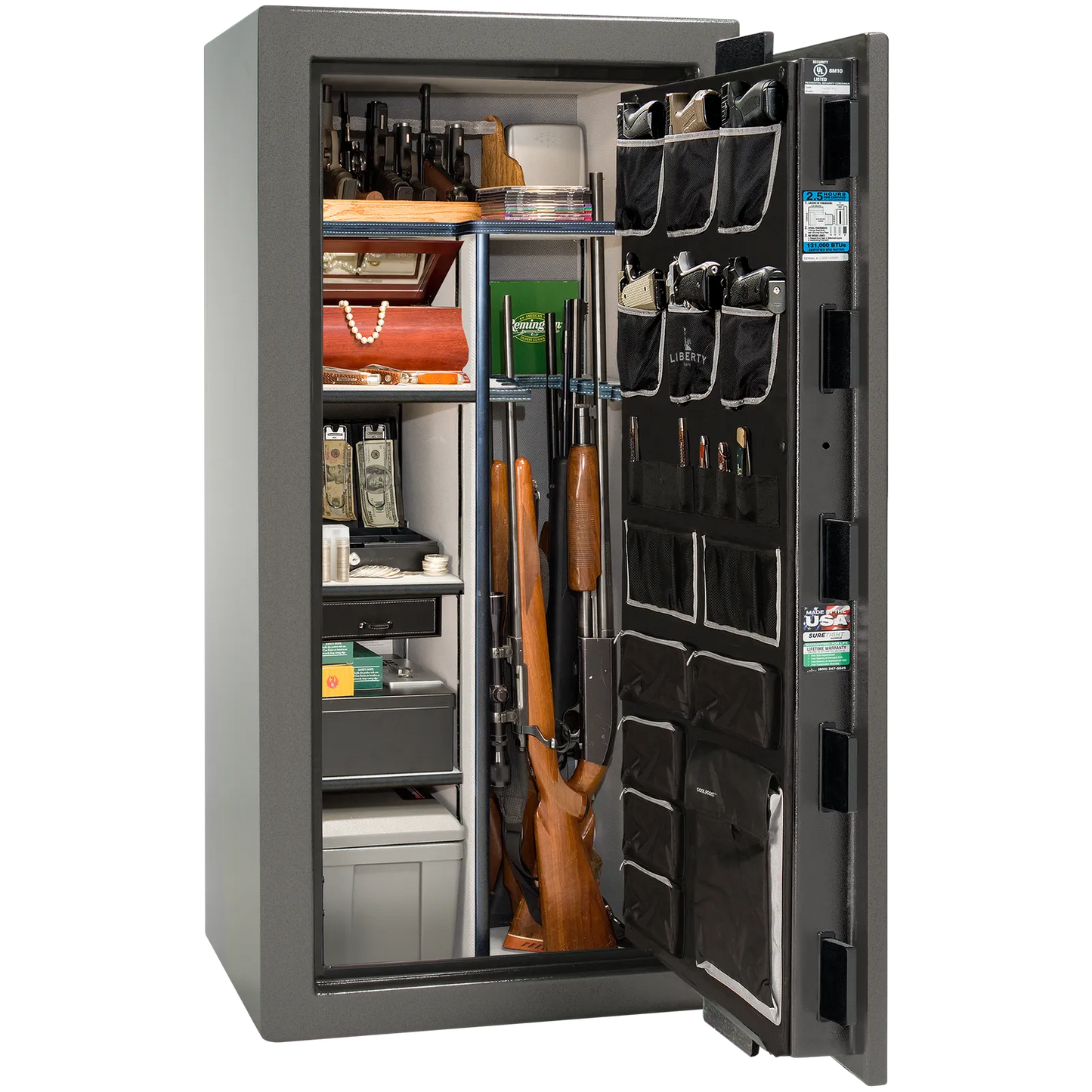 Premium interior of the Liberty Magnum 25 gun safe paired with the Gray marble finish, featuring adjustable shelving, door organizer, long gun storage, and deluxe interior configuration.