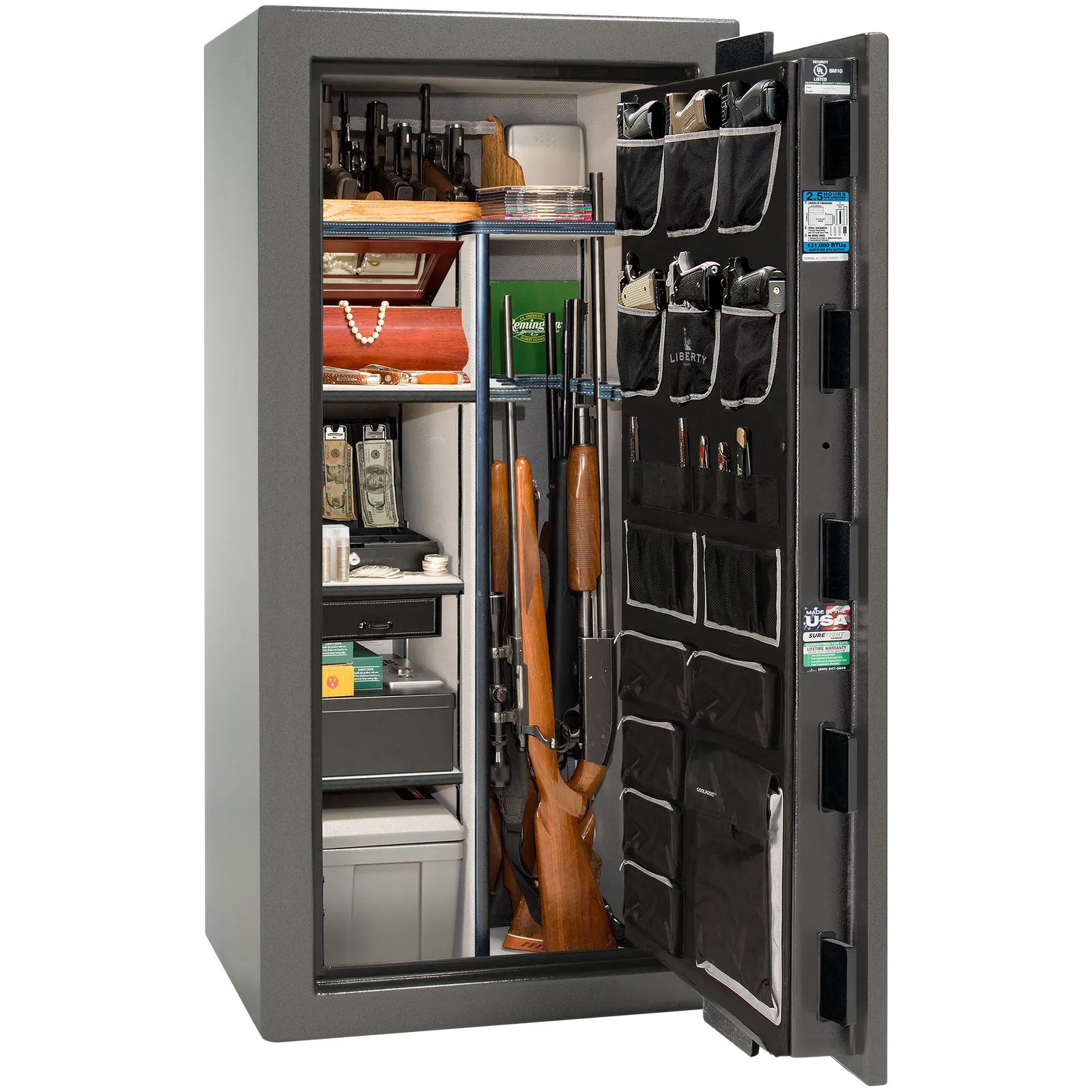 Premium interior of the Liberty Magnum 25 gun safe paired with the Gray marble finish, featuring adjustable shelving, door organizer, long gun storage, and deluxe interior configuration.